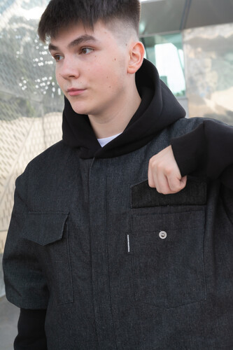 Рубашка-куртка утеплённая с двойным рукавом и капюшоном из футера с вышивкой MAORI INDUSTRIAL 322 Черный фото 6